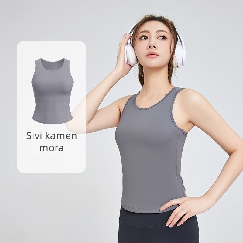 Ženski top za jogu s ugrađenim čašicama, okrugli izrez, visoka elastičnost, brzo suši, smjesa poliester-elastan