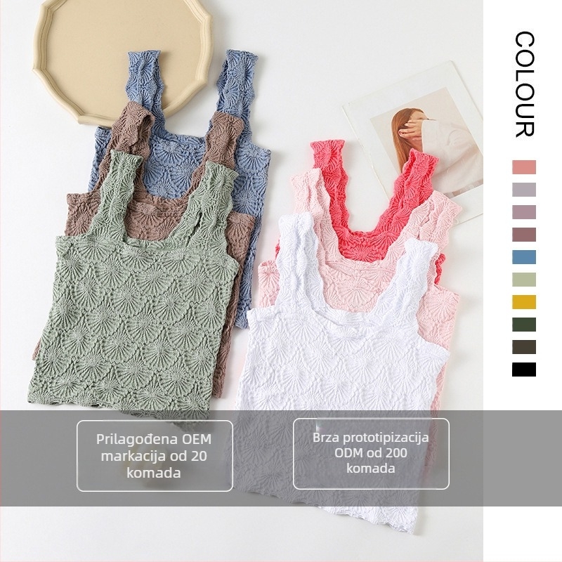 Yoga top s naramenicama, jacquard uzorak, četvrtasti izrez, bez rukava, fitness top za jogu, najlon tkanina, sadržaj 90%, brzo suši, prozračan, duljina 43–49 cm