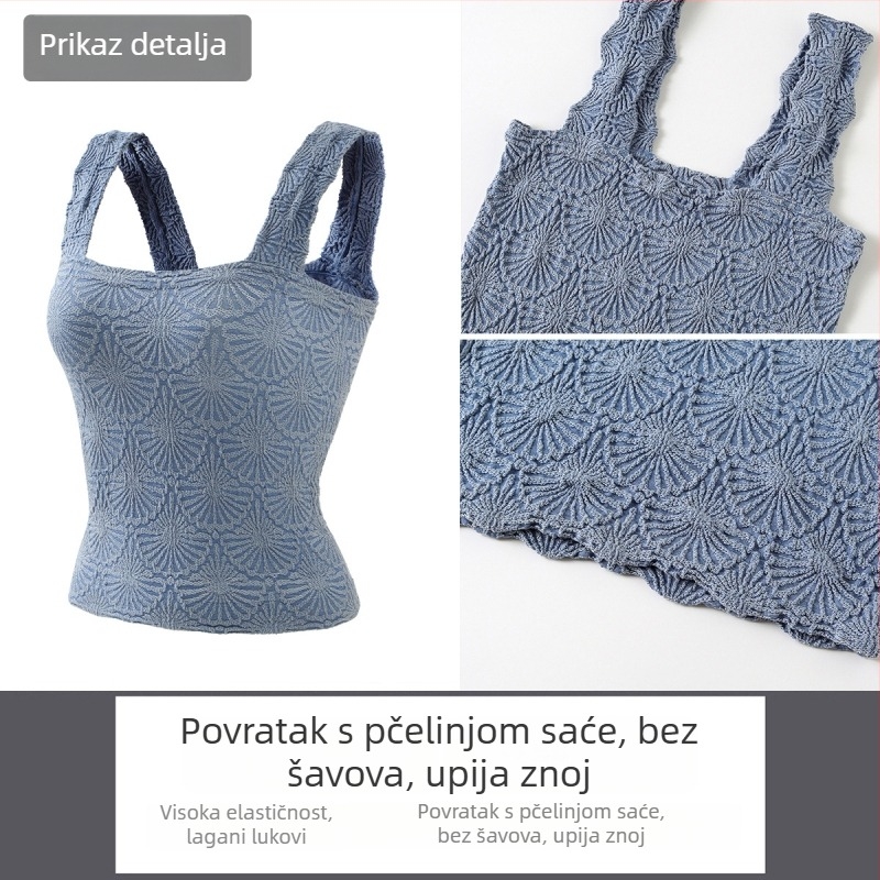 Yoga top s naramenicama, jacquard uzorak, četvrtasti izrez, bez rukava, fitness top za jogu, najlon tkanina, sadržaj 90%, brzo suši, prozračan, duljina 43–49 cm