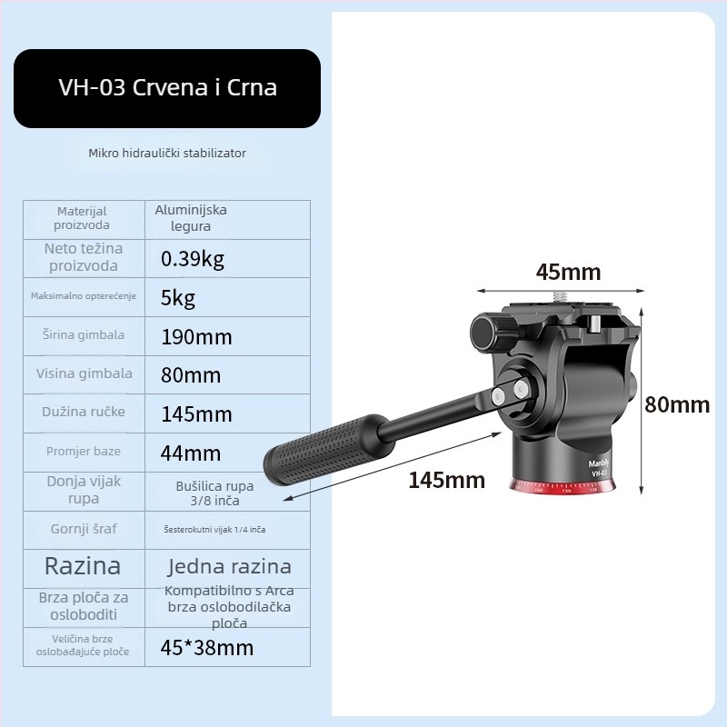 Hydra gimbal stabilizator za GoPro Max, aluminijska legura, 360° vertikalno i horizontalno okretanje, ARCA-Swiss brzi oslobađajući mehanizam, kompatibilan s 1/4 i 3/8 vijcima, model VH30