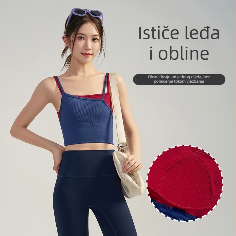 Joga top s ugrađenim jastučićima za grudnjak, brzo sušeći materijal, najlon/elastan, uski kroj, duljina do sredine trbuha