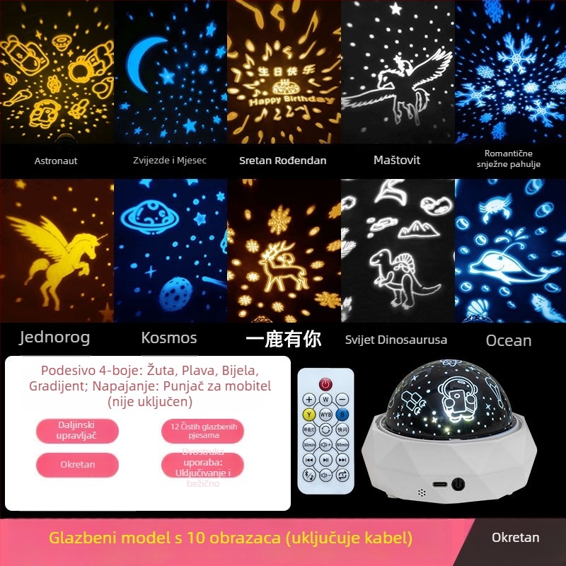 Fantasni astronavt projektor za djecu, noćna svjetiljka sa glazbom, Bluetooth, daljinski upravljač, USB ili ugrađena baterija, bez pametnog upravljanja