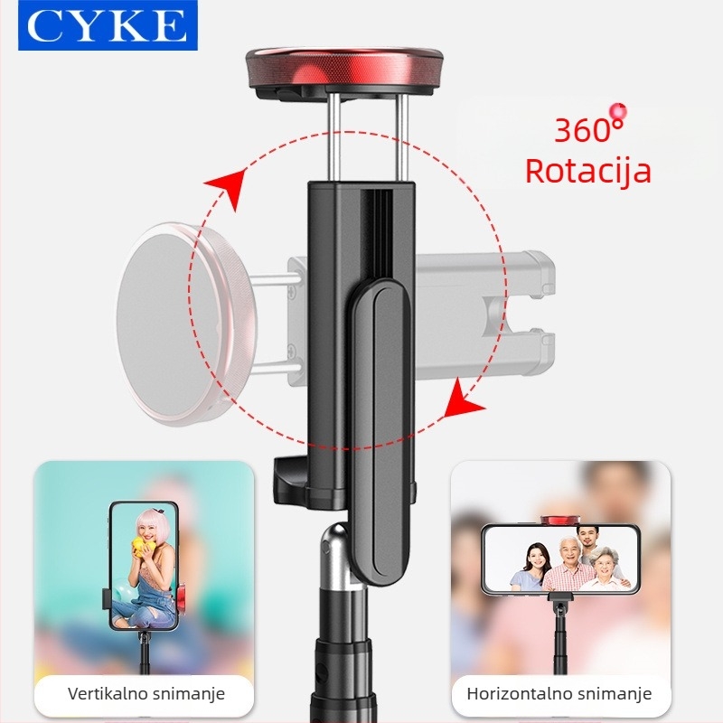Cyke Bluetooth selfie stativ, produžen, kompaktna podna i stolna držač za telefon NCC (Materijal: aluminijska legura + ABS + PC; Bluetooth: Da; Daljinski upravljač: Uključeno; Prilagodba: Podržana)