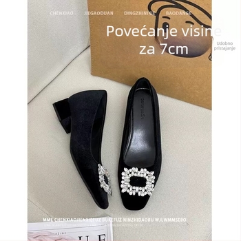 Ženske ravne cipele s nevidljivim povećanjem visine od 7 cm, gornji dio od velura, kvadratni vrh, debeli peta 6–8 cm