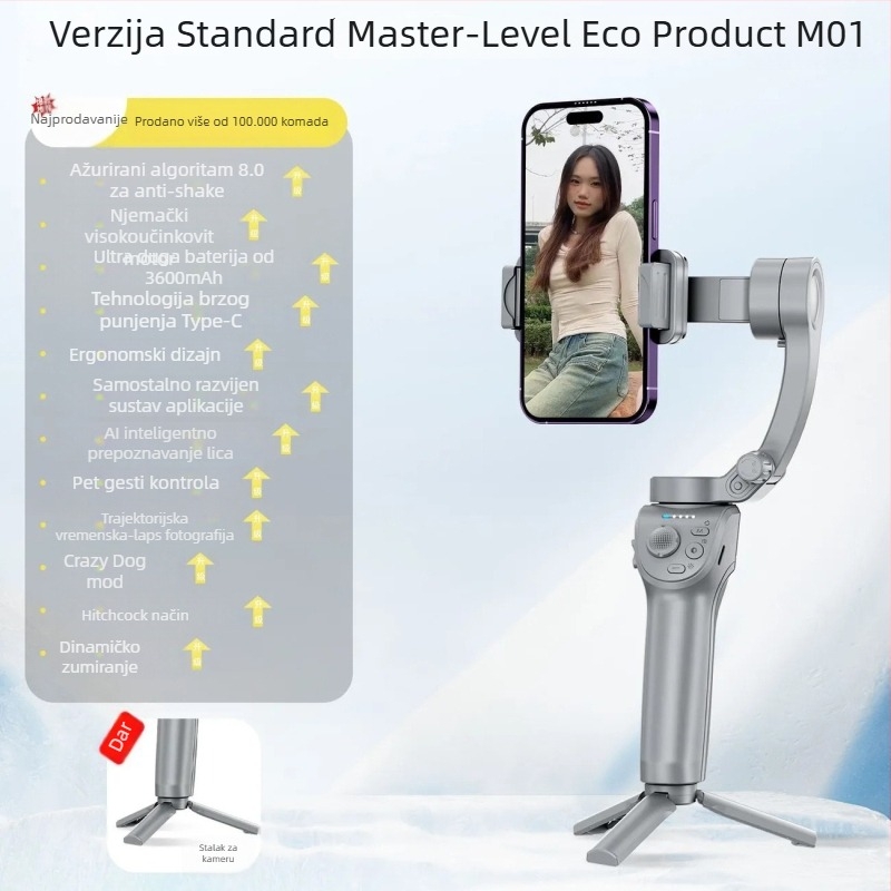 Ručni stabilizator za pametni telefon s tri osi, praćenje lica, Bluetooth, daljinski upravljač, model M01