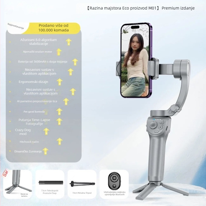 Ručni stabilizator za pametni telefon s tri osi, praćenje lica, Bluetooth, daljinski upravljač, model M01
