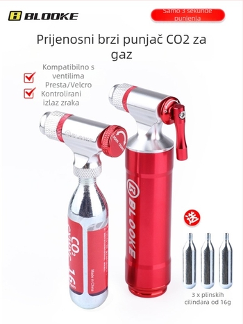 Blooke CO2 pumpa za bicikle — za planinske i cestovne bicikle, aluminijska legura, prijenosni spremnik za dopumpavanje guma, CO2 ventil