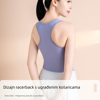 Ženski joga top s ugrađenim košaricama, okrugli izrez, visoka elastičnost, brzo sušenje, poliester 82,5% + spandeks 17,5%