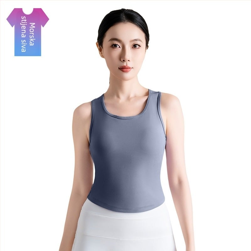 Ženski joga top s ugrađenim košaricama, okrugli izrez, visoka elastičnost, brzo sušenje, poliester 82,5% + spandeks 17,5%