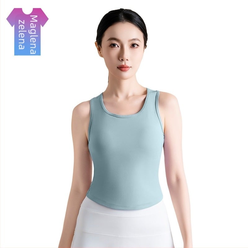 Ženski joga top s ugrađenim košaricama, okrugli izrez, visoka elastičnost, brzo sušenje, poliester 82,5% + spandeks 17,5%