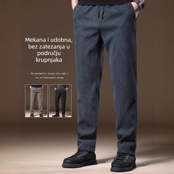 Muške corduroy casual hlače, tople za jesen i zimu, ravnog kroja, srednje visoki pas, s vezom na struku i remenom