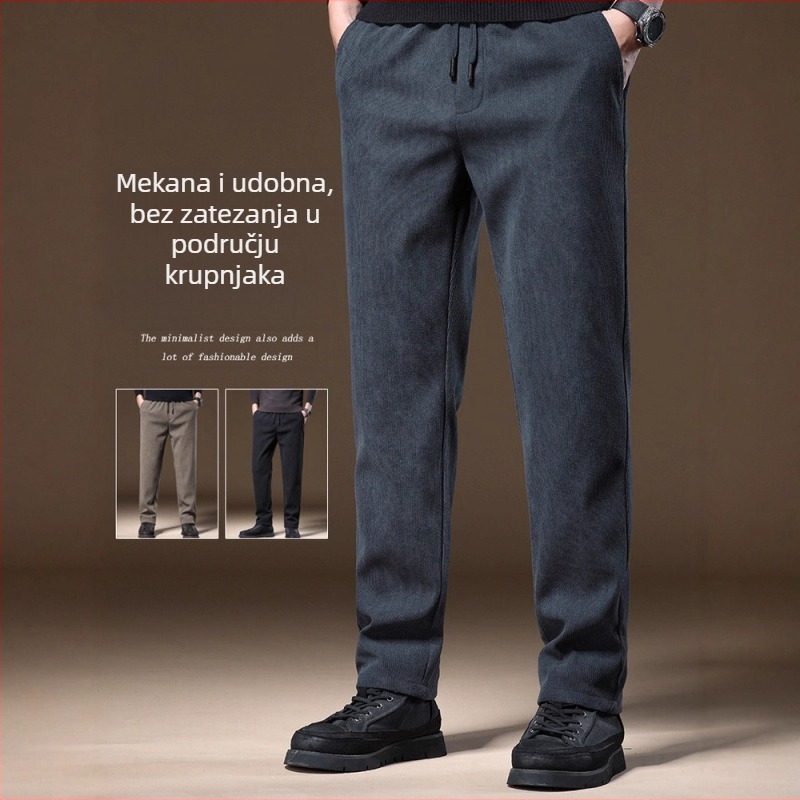 Muške corduroy casual hlače, tople za jesen i zimu, ravnog kroja, srednje visoki pas, s vezom na struku i remenom