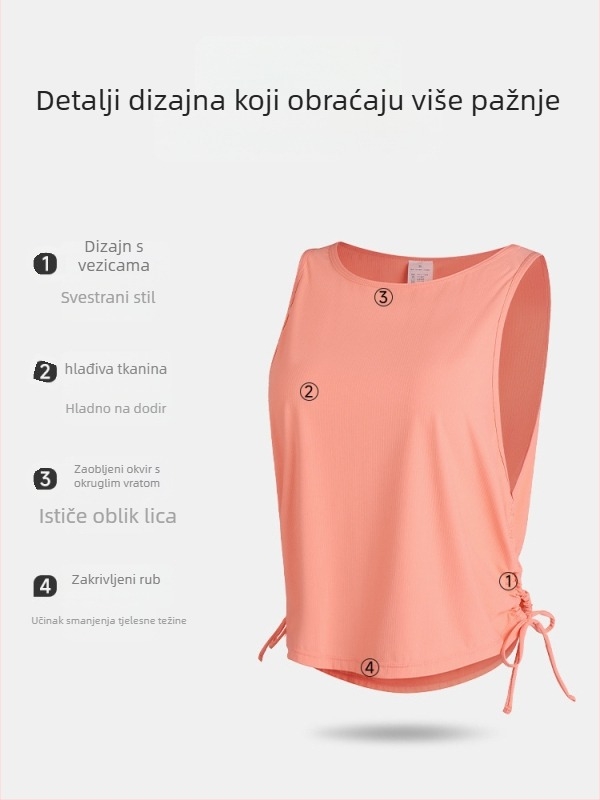 Ženski bezruk sportski vest, prozračan i upija vlagu, plisirani dizajn, mješavina 85% najlona, pogodna za ljeto, proljeće i jesen