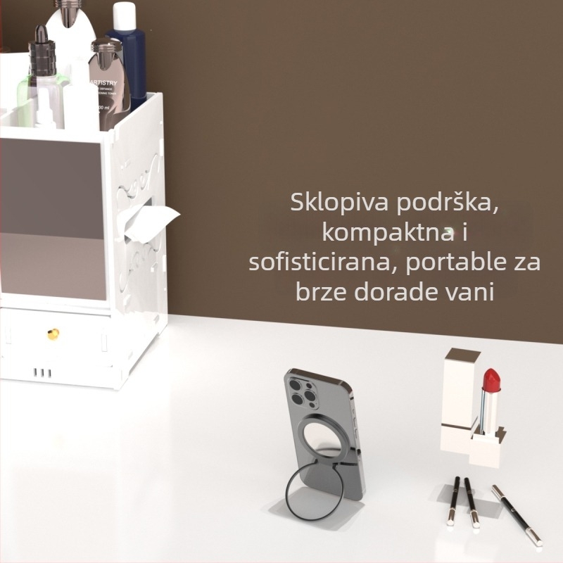 Držač za telefon s magnetskim prstenastim nosačem, sklopiv i prijenosan, ogledalo za selfie, aluminijska legura