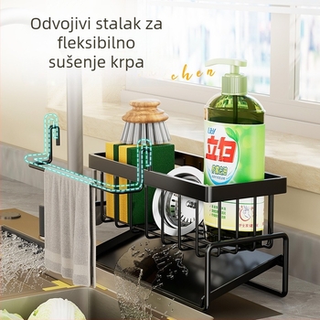 Pravokutni kuhinjski organizator od ugljičnog čelika s držačem za špongu i odvodnom posudom, na kuhinjskoj ploči, višenamjenski, pomični, bez ugradnje