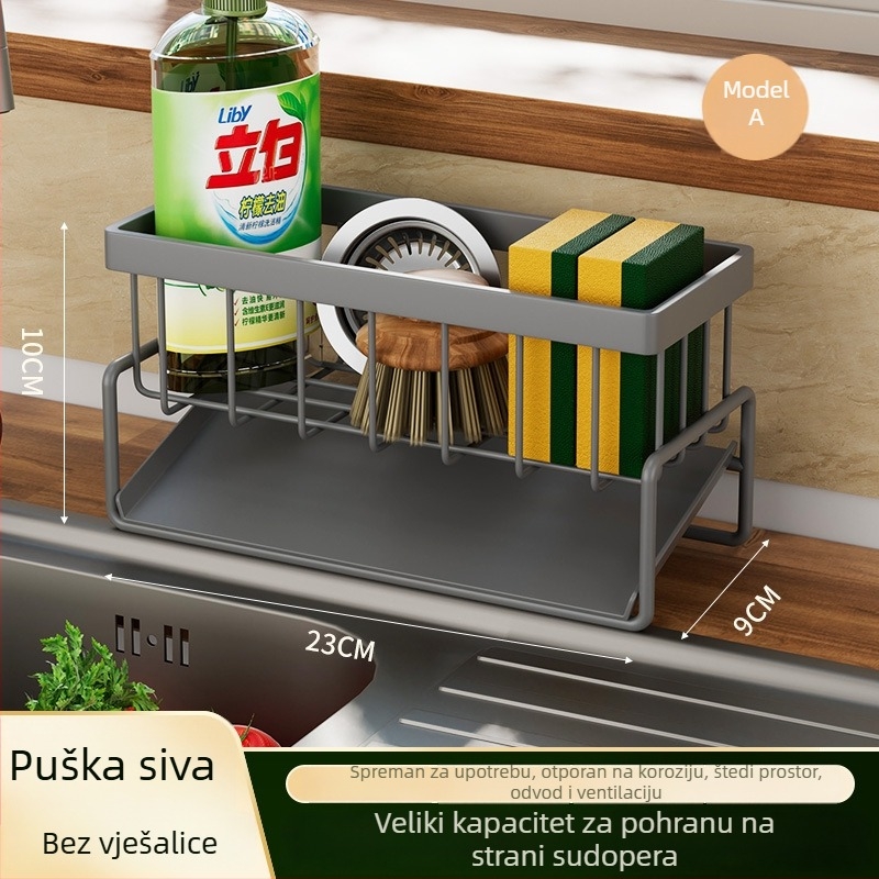 Pravokutni kuhinjski organizator od ugljičnog čelika s držačem za špongu i odvodnom posudom, na kuhinjskoj ploči, višenamjenski, pomični, bez ugradnje