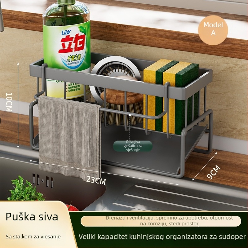 Pravokutni kuhinjski organizator od ugljičnog čelika s držačem za špongu i odvodnom posudom, na kuhinjskoj ploči, višenamjenski, pomični, bez ugradnje