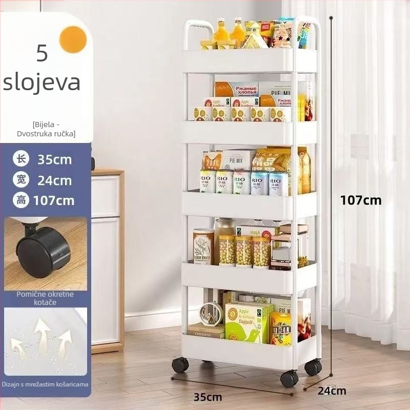 4-stupanjski pomični plastični regal za pohranu – otporan na vlagu, stoji na podu, višestruko namijenjen kuhinji, spavaćoj sobi, kupaoni i dnevnom boravku