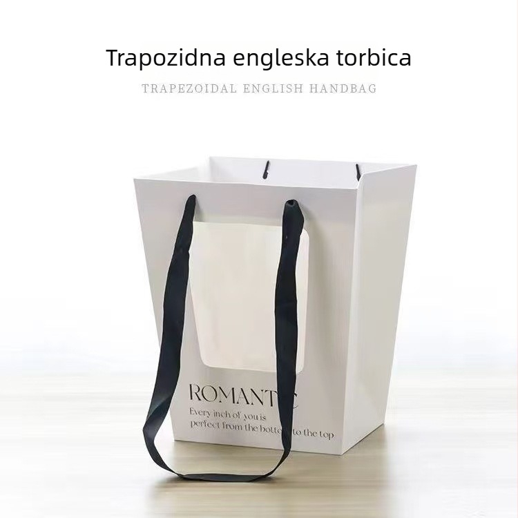 Trapezasta torba za darove s prozirnim prozorom od kartona, mogućnost otiska logotipa, pakiranje 10 komada