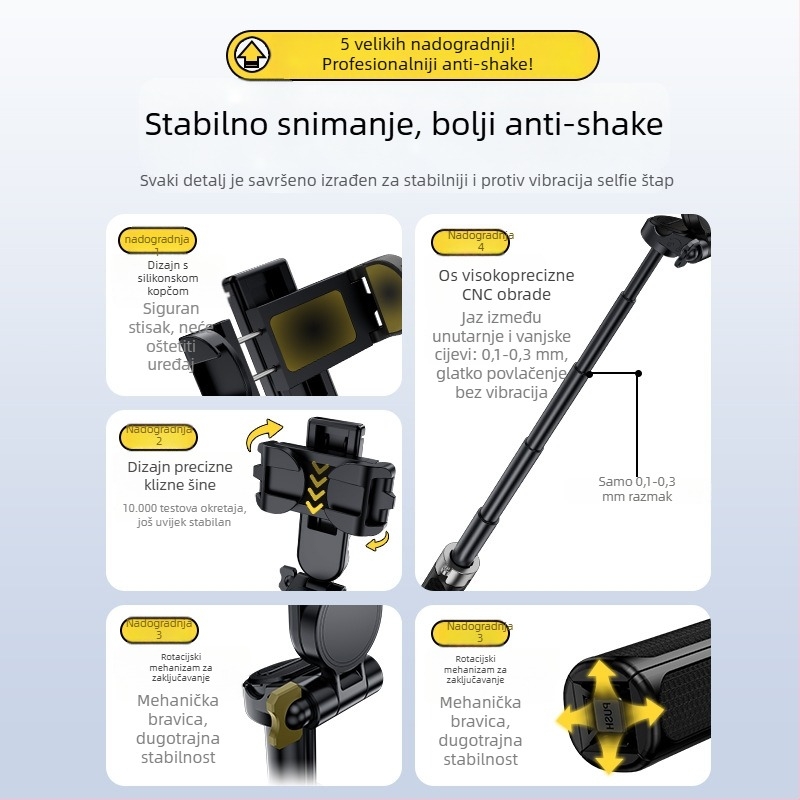 Selfie štapić s tripodom, prijenosni, sklopivi, aluminijska legura, daljinsko upravljanje, Bluetooth