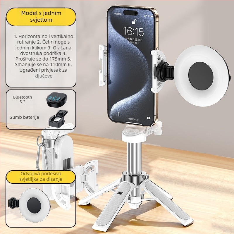 Selfie štapić s tripodom, prijenosni, sklopivi, aluminijska legura, daljinsko upravljanje, Bluetooth
