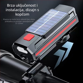 Denuan svjetlo za bicikl s visokim zvonom, dvostruka svjetla (visoko/niže), solarno napajanje, plastično kućište