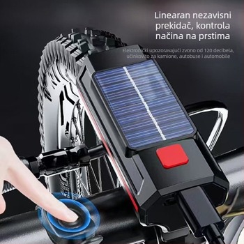 Denuan svjetlo za bicikl s visokim zvonom, dvostruka svjetla (visoko/niže), solarno napajanje, plastično kućište