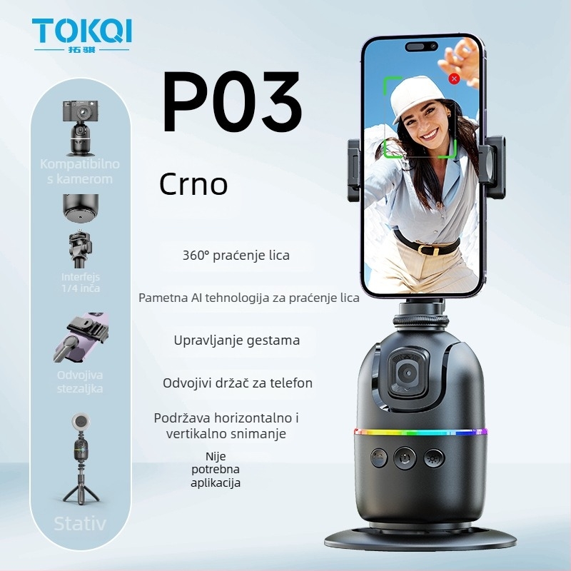 Gimbal za mobitel s AI praćenjem lica, 360° stolni nosač, univerzalna kompatibilnost, bez aplikacije, težina 248 g, Tokqi/Tuoyi P03