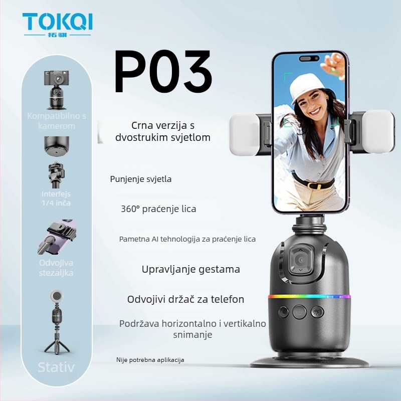 Gimbal za mobitel s AI praćenjem lica, 360° stolni nosač, univerzalna kompatibilnost, bez aplikacije, težina 248 g, Tokqi/Tuoyi P03