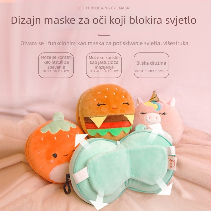 U-oblikovani putni jastuk za vrat s maskom za oči; punilo: poliester vlakna; materijal: poliester-pamuk; težina: 0–0.5 kg; visina: 5.1–10 cm
