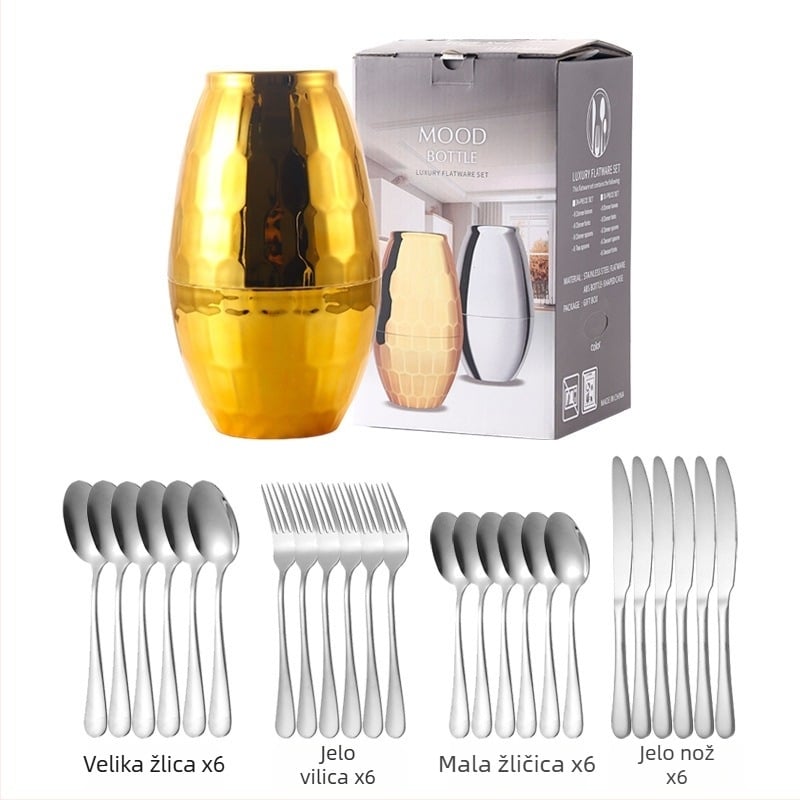 24-dijelni set posuđa od nehrđajućeg čelika – nož, vilica i žlica; 410 nehrđajući čelik, poliranje konopnim kotačićem, suvremen jednostavan stil