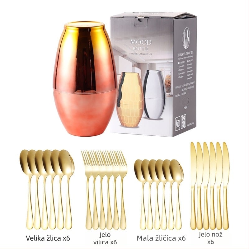 24-dijelni set posuđa od nehrđajućeg čelika – nož, vilica i žlica; 410 nehrđajući čelik, poliranje konopnim kotačićem, suvremen jednostavan stil