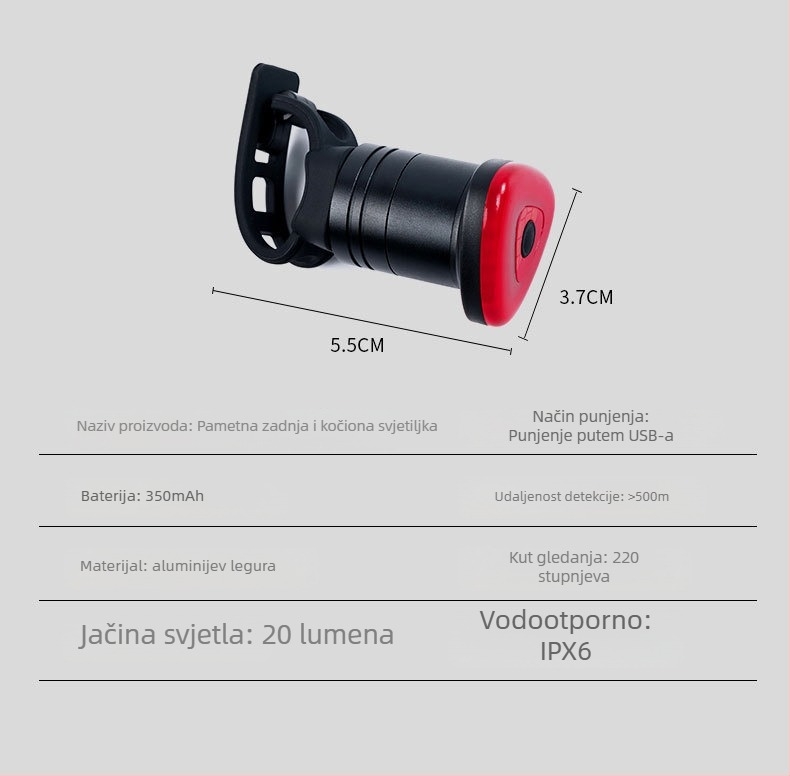Tianqi prilagodljiva stražnja svjetiljka za bicikl s upozorenjem na punjenje za noćnu vožnju