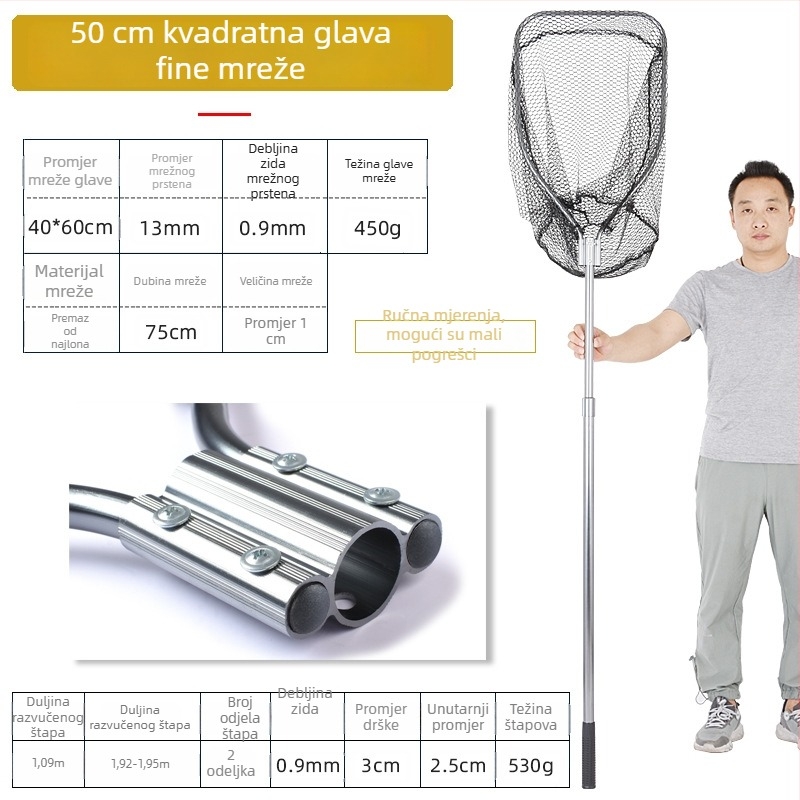 Ogromna aluminijska mreža za pecanje s gustom mrežom, glava promjera 50/60/70 cm, dubina mreže 75–115 cm, debele oči, nosivost 1,0–15 kg