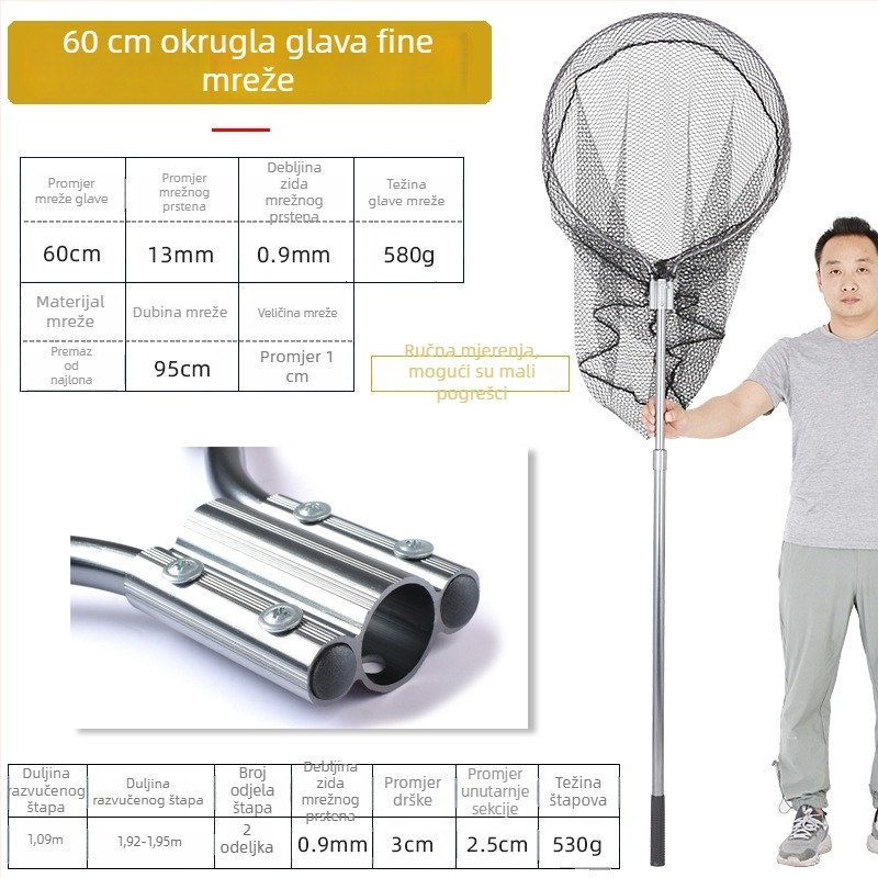 Ogromna aluminijska mreža za pecanje s gustom mrežom, glava promjera 50/60/70 cm, dubina mreže 75–115 cm, debele oči, nosivost 1,0–15 kg