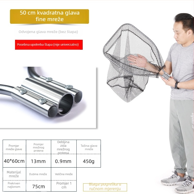 Ogromna aluminijska mreža za pecanje s gustom mrežom, glava promjera 50/60/70 cm, dubina mreže 75–115 cm, debele oči, nosivost 1,0–15 kg