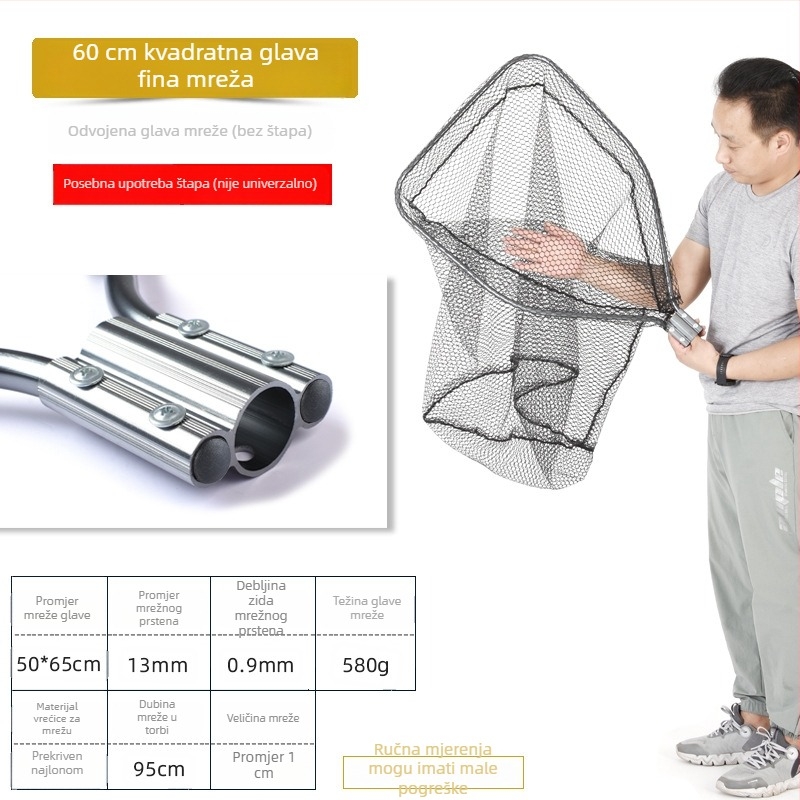 Ogromna aluminijska mreža za pecanje s gustom mrežom, glava promjera 50/60/70 cm, dubina mreže 75–115 cm, debele oči, nosivost 1,0–15 kg