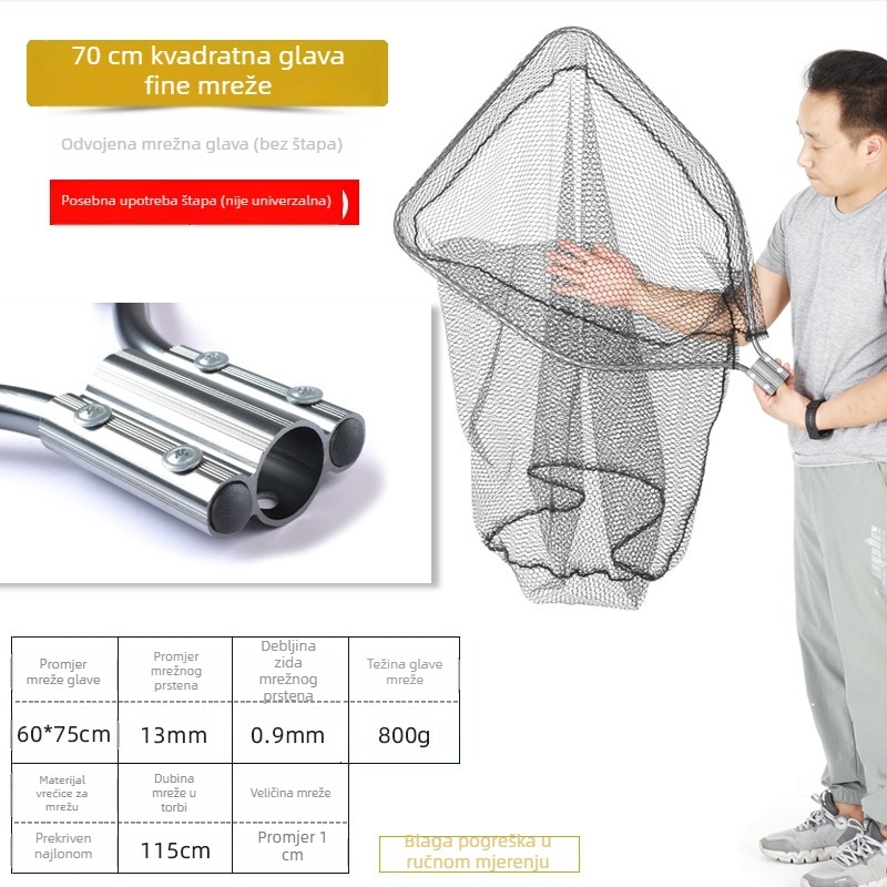 Ogromna aluminijska mreža za pecanje s gustom mrežom, glava promjera 50/60/70 cm, dubina mreže 75–115 cm, debele oči, nosivost 1,0–15 kg
