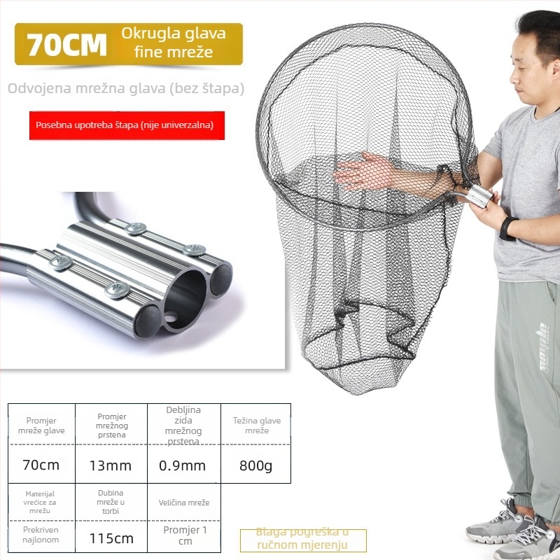 Ogromna aluminijska mreža za pecanje s gustom mrežom, glava promjera 50/60/70 cm, dubina mreže 75–115 cm, debele oči, nosivost 1,0–15 kg