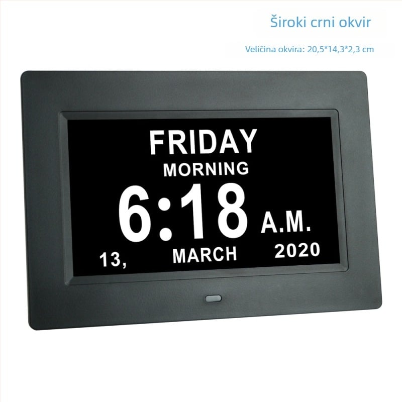 Digitalni sat s kalendarom, alarmom i podsjetnikom za uzimanje lijekova; 800x480 prikaz; podrška SD/USB/MMC; JPEG format slike; svjetlina 350 lumena