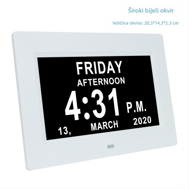 Digitalni sat s kalendarom, alarmom i podsjetnikom za uzimanje lijekova; 800x480 prikaz; podrška SD/USB/MMC; JPEG format slike; svjetlina 350 lumena