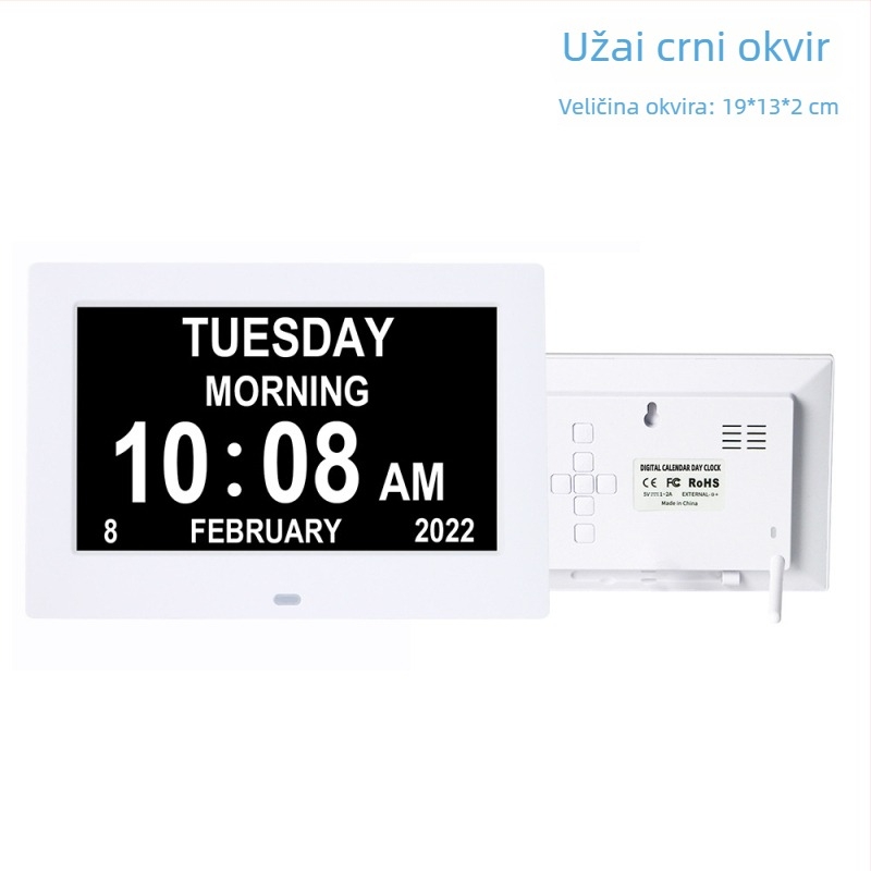 Digitalni sat s kalendarom, alarmom i podsjetnikom za uzimanje lijekova; 800x480 prikaz; podrška SD/USB/MMC; JPEG format slike; svjetlina 350 lumena