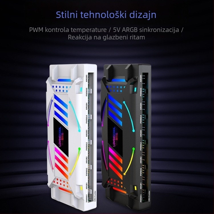 Osvijetljeni kontroler kućišta za ventilatore ARGB uz sinkronizaciju temperature i višeslojni ogledni hub — ABS, dimenzije 145×59×25 mm, buka 15 dB