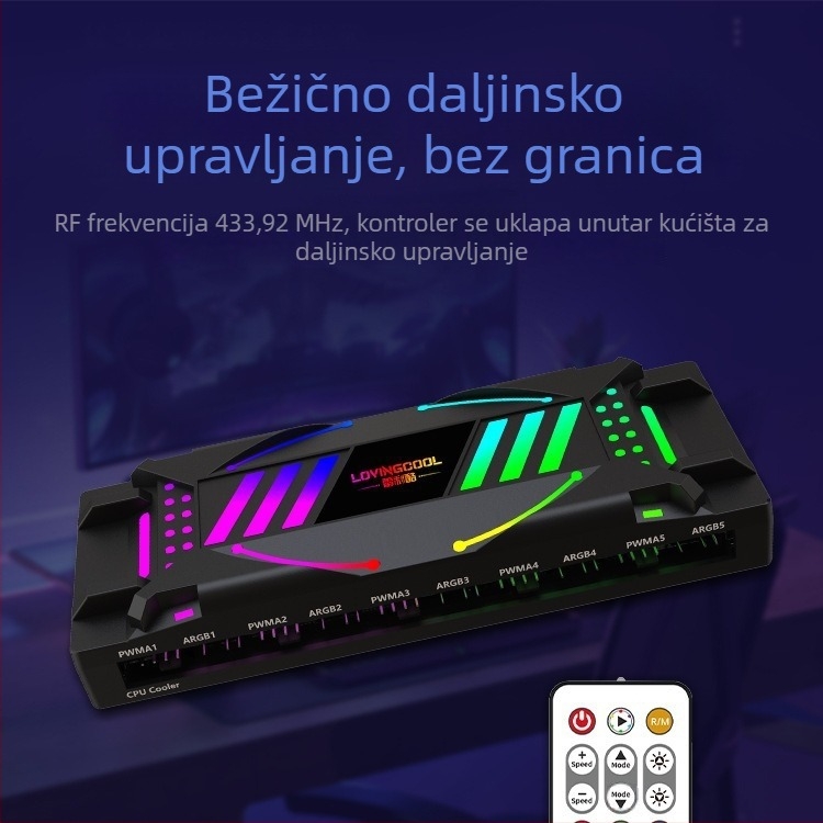 Osvijetljeni kontroler kućišta za ventilatore ARGB uz sinkronizaciju temperature i višeslojni ogledni hub — ABS, dimenzije 145×59×25 mm, buka 15 dB