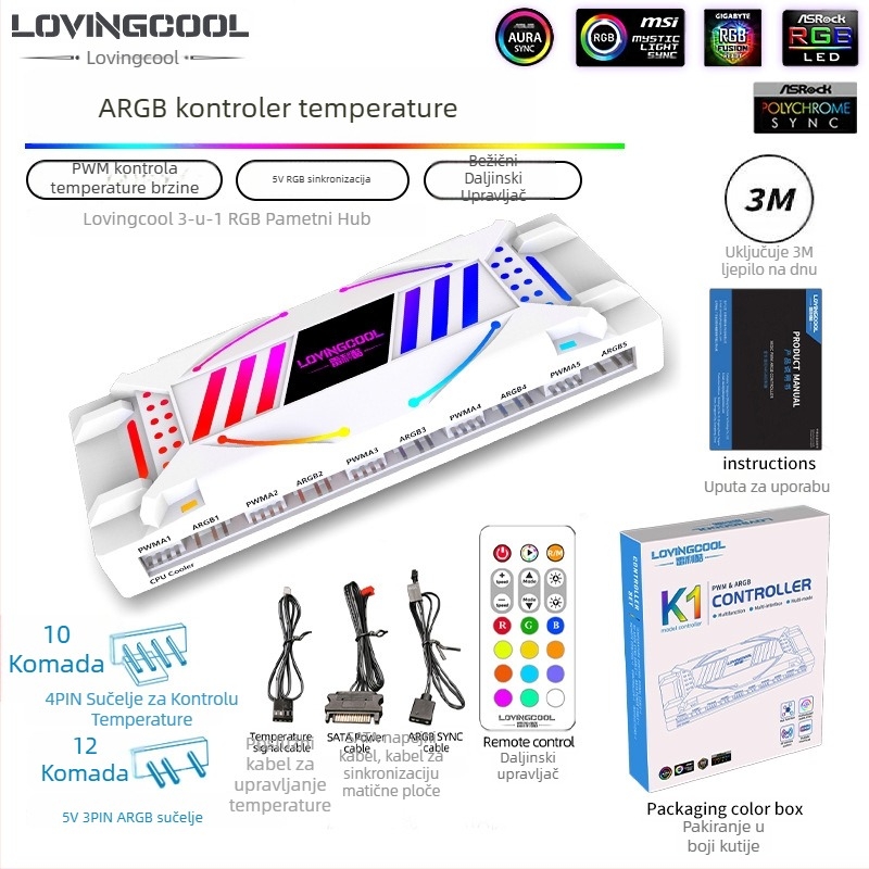 Osvijetljeni kontroler kućišta za ventilatore ARGB uz sinkronizaciju temperature i višeslojni ogledni hub — ABS, dimenzije 145×59×25 mm, buka 15 dB