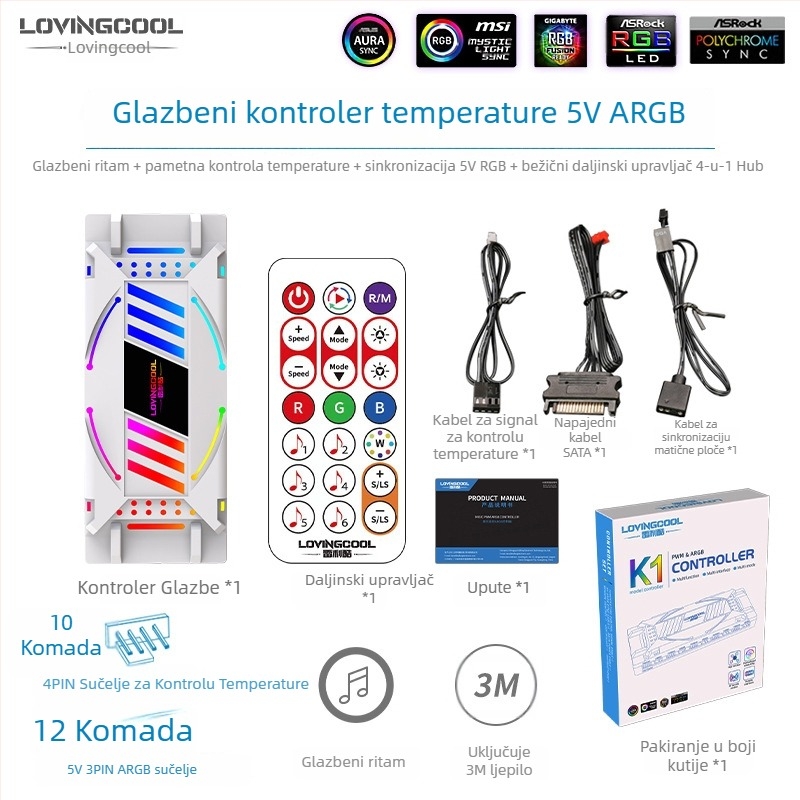 Osvijetljeni kontroler kućišta za ventilatore ARGB uz sinkronizaciju temperature i višeslojni ogledni hub — ABS, dimenzije 145×59×25 mm, buka 15 dB