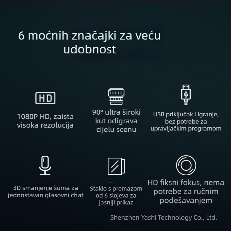 Anzhijia A30 USB web kamera s 1080p HD videom, integrirani mikrofon, 2 MP senzor, USB 2.0, fiksni fokus