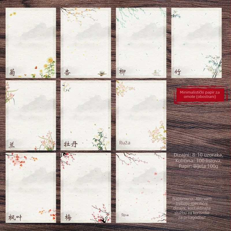 Pismo papir sa Zen inspiracijom, ručno oslikani cvjetovi, dvostrani, kineskog stila omotnica, Years Square