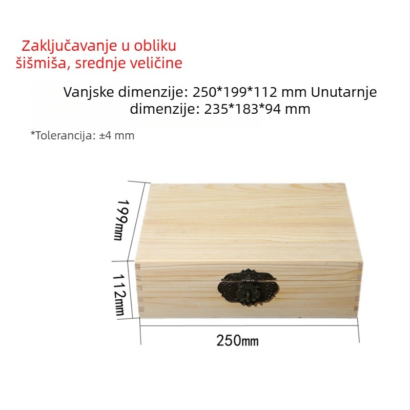 Kvadratna kutija za nakit od borovine, s gornjim i donjim poklopcem, graviranje, mogućnost tiska logotipa, prilagodljivo