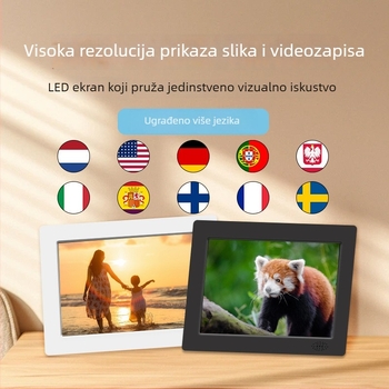 Digitalni okvir za fotografije s iznimno tankim okvirom, zaslon 1024x600 HD, svjetlina 200 lm, podrška SD/USB memorije, reprodukcija glazbe i videa